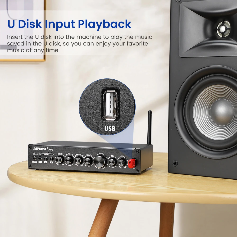 AIYIMA 오디오 블루투스 서브우퍼 앰프, 서라운드 사운드, COAX OPT 디지털 앰프, 홈 시어터 DSP 디코딩, 50WX6 5.1, A09, TPA3116
