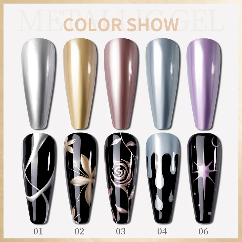 Gel metálico cromado, oro, plata, oro rosa, efecto espejo, pintura, esmalte de uñas, línea de dibujo superbrillante, arte de uñas francés, 5ml