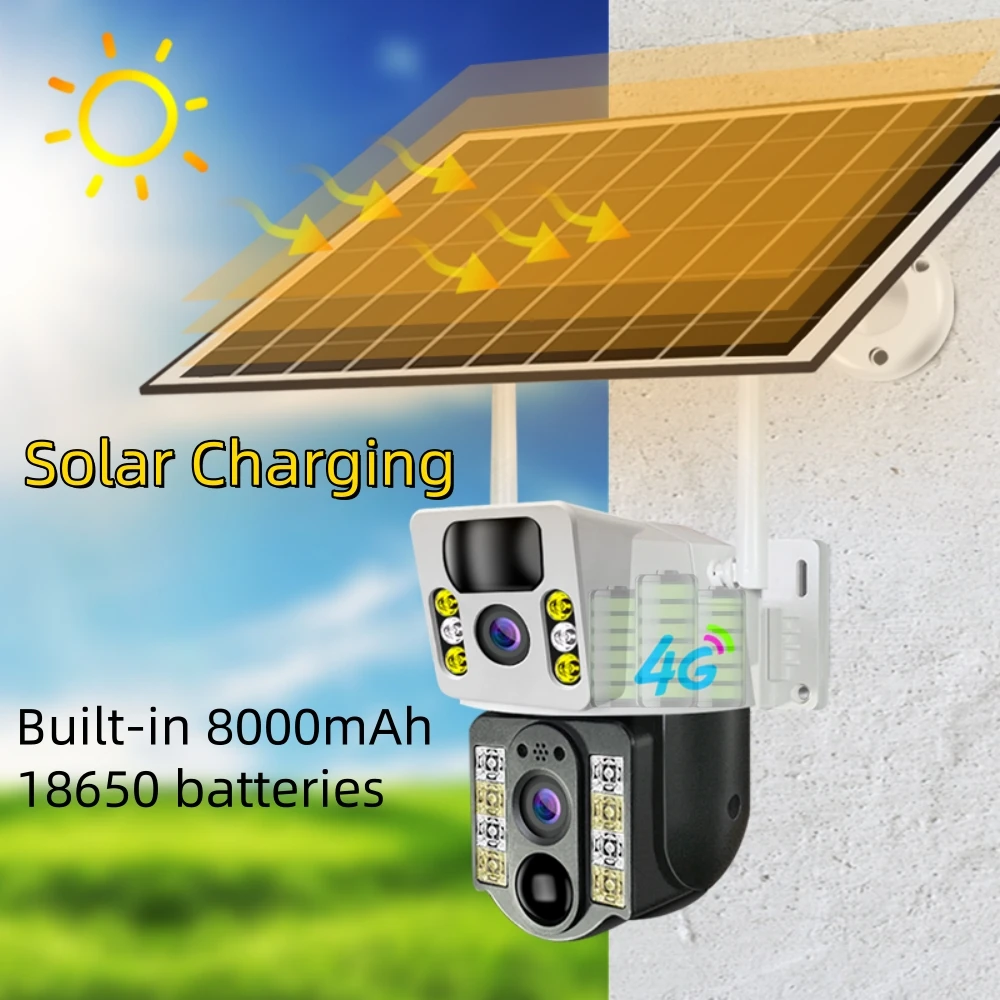 8MP 4K Wireless Solar Camera 4G Sim Card Outdoor Dual Lens IP Camera PIR Night Vision V380 Pro CCTV Security Protection Monitor