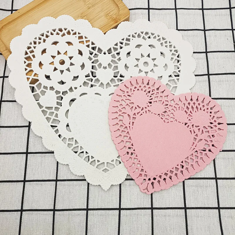 Heart-shaped Paper Doilies Lace Placemats Box Liner Coffee Mat For Birthday Party Wedding Tableware Table Decoration Pink 100pcs