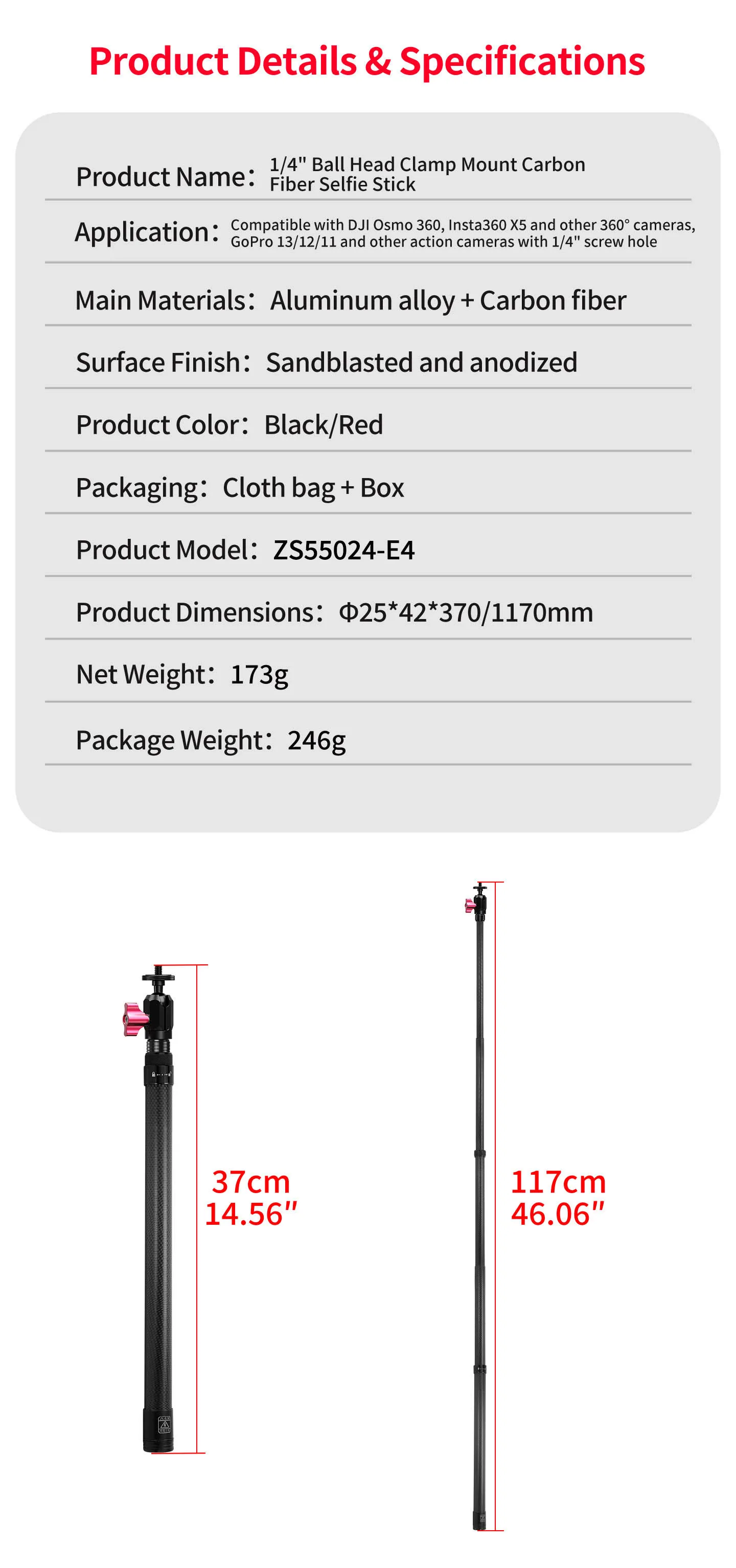 1,1 m Carbonfaser unsichtbarer Selfie-Stick mit 360-Grad-Kugelkopf-Klemme, verstellbar für Insta360 X6 X5 DJI Osmo 360II Action-Kamera – Detail 16