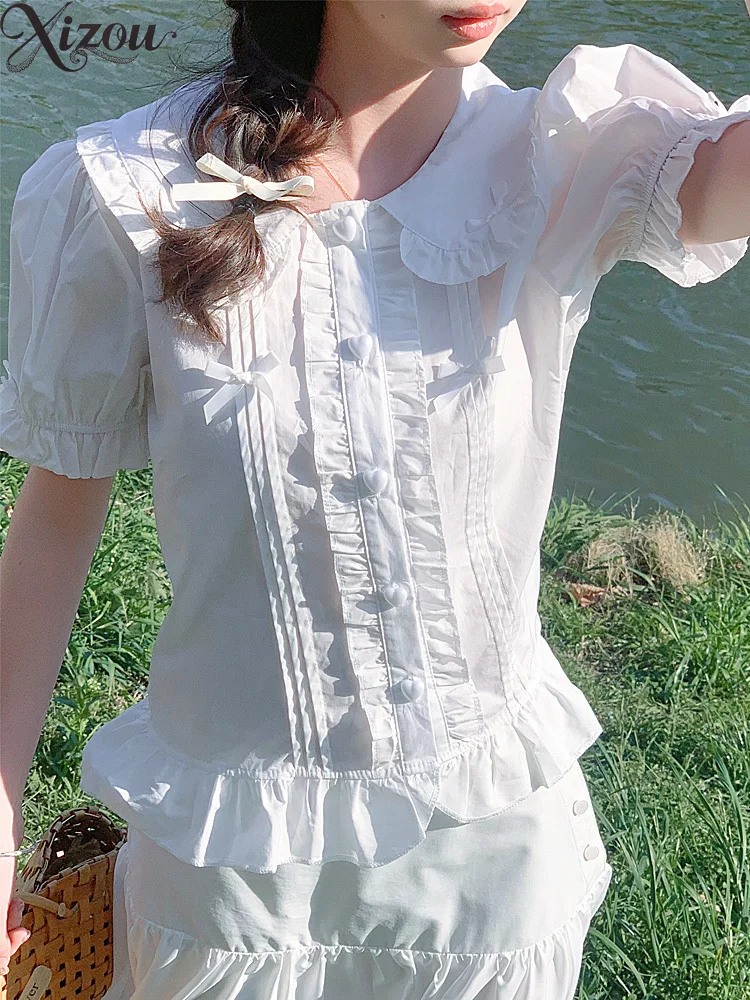 

Sweet Lolita Shirt Blouse Peter Pan Collar Puff Sleeve Japanese Kawaii Cotton Top JK Spring Summer​ Cute Women Shirts Bow Lace