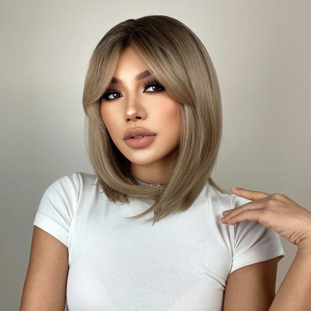 Synthetic Wigs with Bangs Brown to Blonde Ombre Medium Length Straight Bob Wigs for Women High Temperature Daily Use Wig