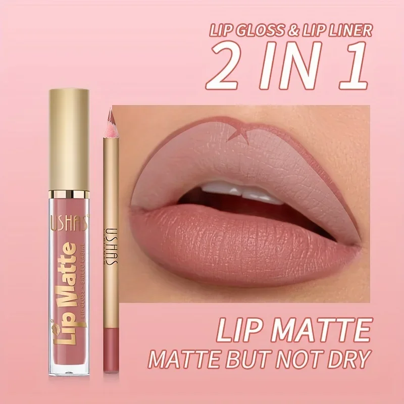 Lip Gloss and Lip Liner Set, Long-Lasting Matte Finish, Smooth and Precise Lip Liner with Non-Stick, Smudge-Proof Lip Gloss