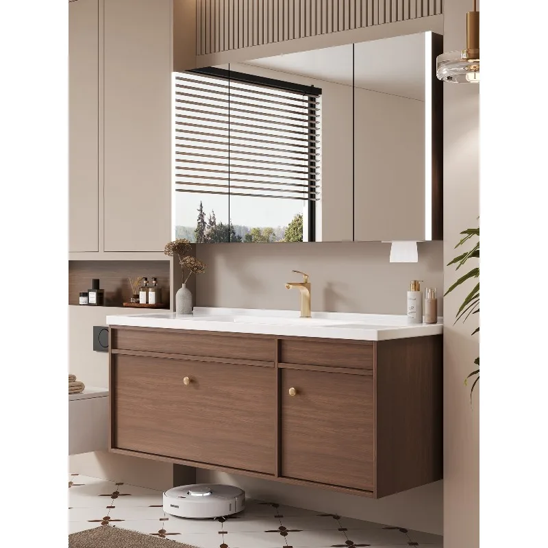 

Walnut medieval bathroom cabinet combination ceramic integrated basin toilet hand wash basin