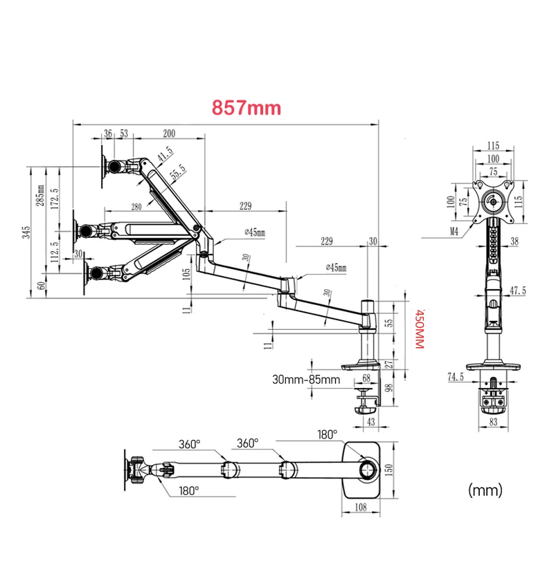 DL-8013-450 mechanical spring 1-10kg 3 long arm clamp grommet 100x100 75x75 notebook table mount 15\