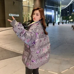 2023 New Korean Short Down Cotton Women's Bright Face White Down Loose and Slim Standing Neck Coat with Tidal Print Zipper Coat