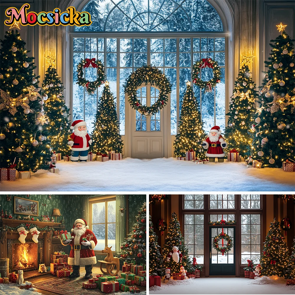 

Winter Christmas Photography Background Xmas Tree Gifts Fireplace Kids Family Portrait Decor Banner Backdrop Photo Studio Props