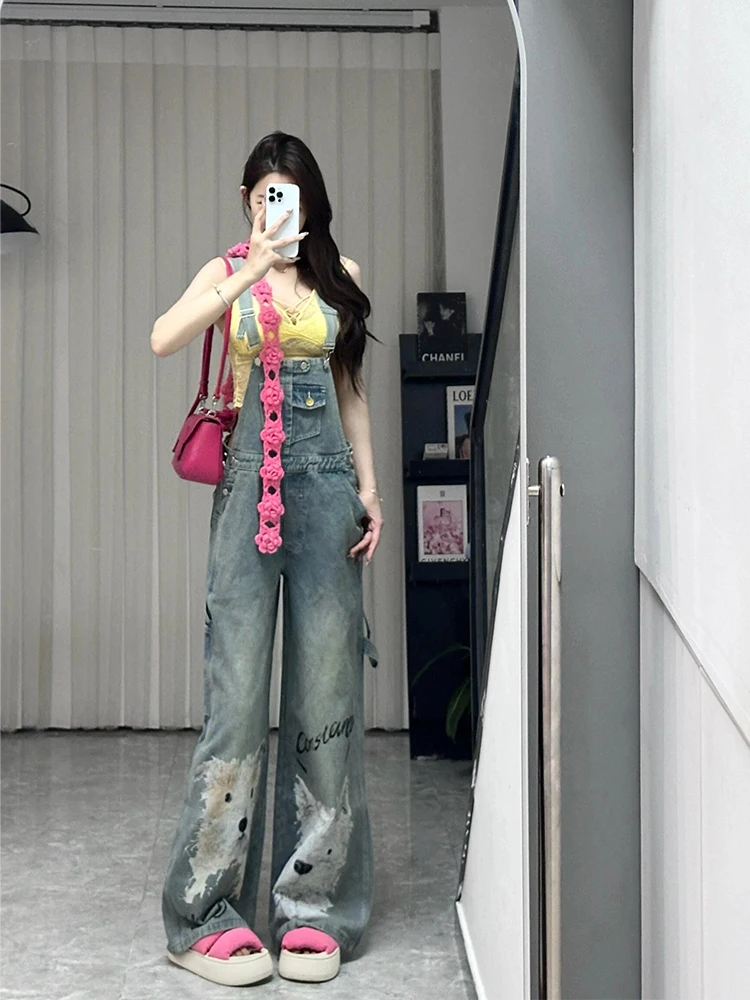 

Women's Vintage Blue Jumpsuits Denim Jumpsuit Y2k Harajuku Overalls Korean Streetwear High Waist Wide Jean Pants 90s Clothes