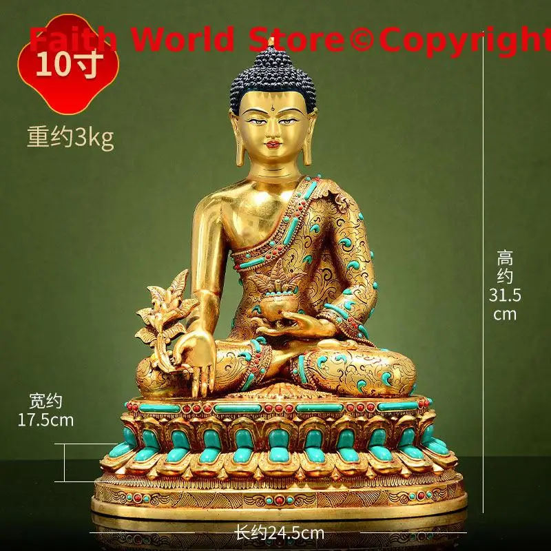Buddhist temple offering copper carving Gemstone green Exquisite Buddha statue Medicine Guru Buddha temple monk enshrine Buddha