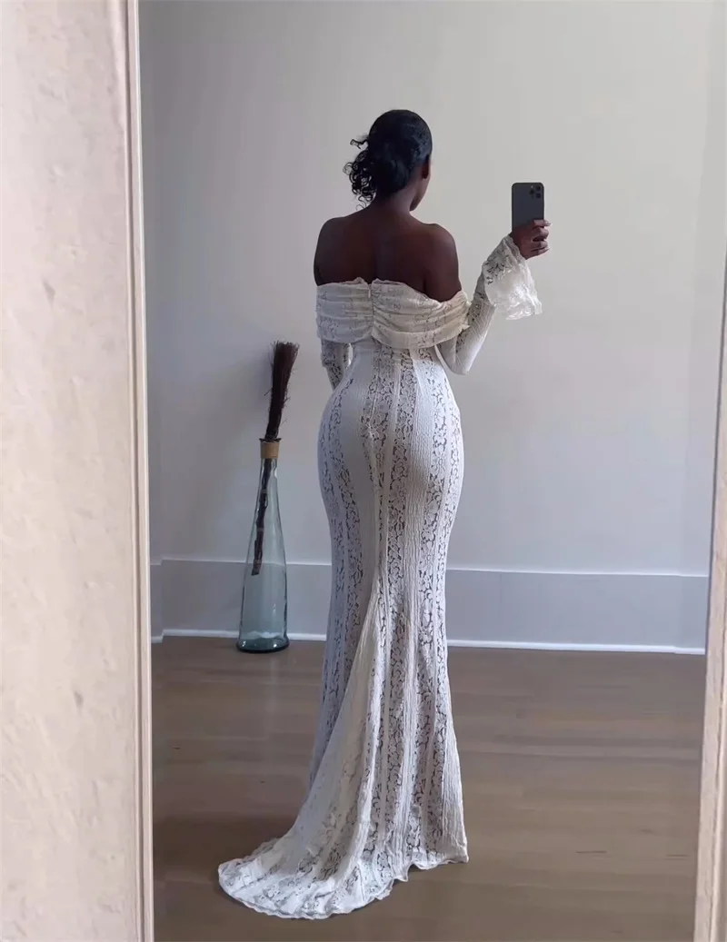 White Lace Women Prom Dress With Lining Off Shoulder Full Sleeves Party Gown Long Robes Sheath Formal Mermaid Guest Evening Gown