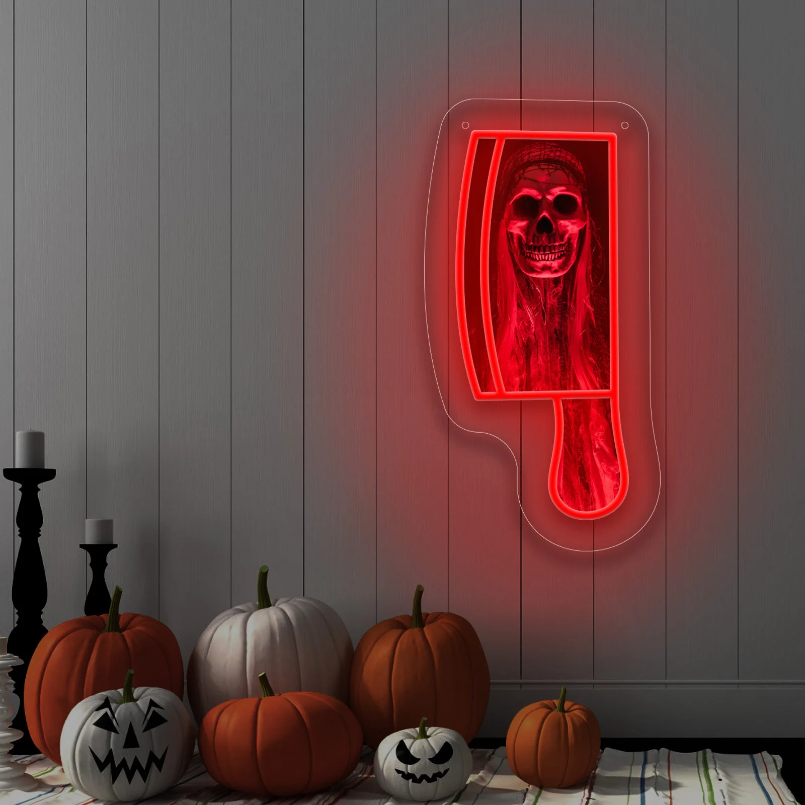 Terror Skull Neon Sign LED Halloween Rood Mes Neonlicht voor Slaapkamer Party Shop Club Restaurant Etalage Decor Dimbaar