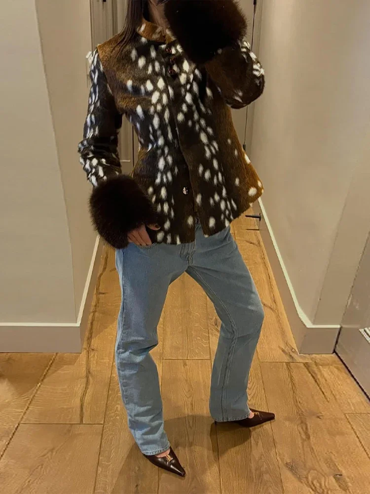 Fashion Women's Leopard Jacket 2026 Button Stand Collar Full Sleeve Fur Cuffs Slim Coat Female Autumn Winter Lady Street Outwear