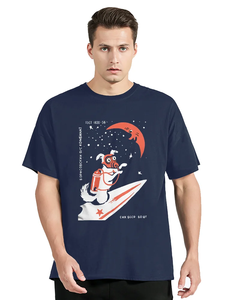 لايكا السوفياتي الفضاء الكلب صاروخ الاتحاد السوفياتي CCCP العلوم تي شيرت الرجال القطن التي شيرت الرجال الملابس المتضخم الجرافيك تيز القمم #4