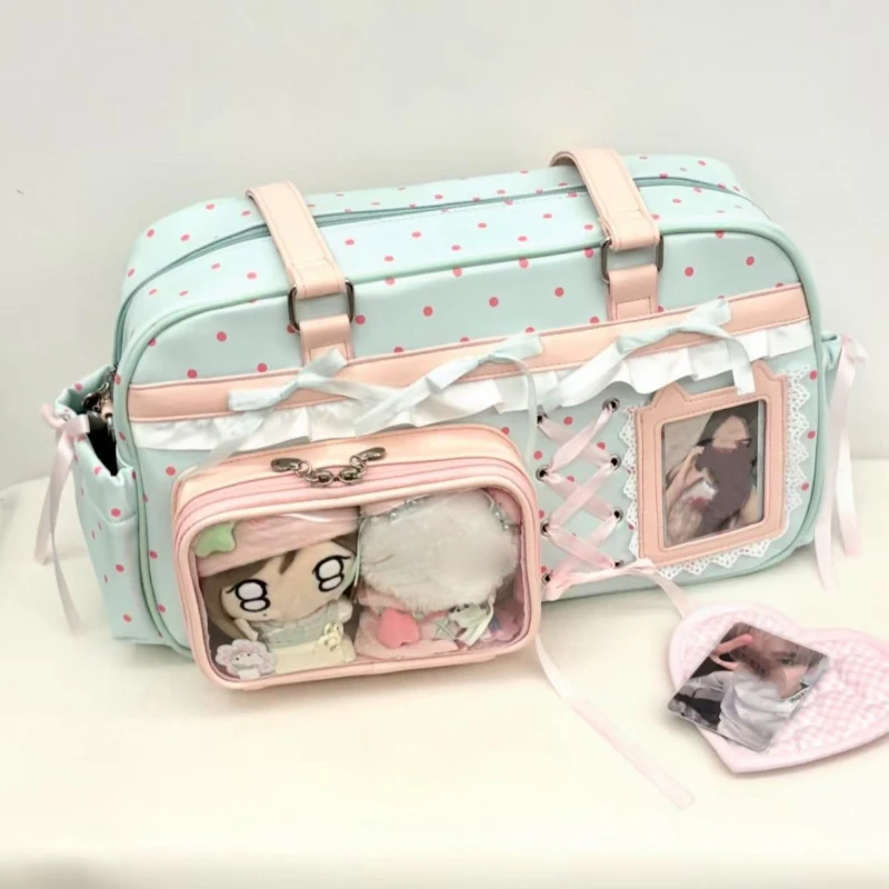 Anime Ita-Tasche mit transparentem Sichtfenster, Schultertasche mit Polka-Dot-Muster, Schleifen- und Spitzenbesatz, süße Lolita-Handtasche für Mädchen – Detail 6