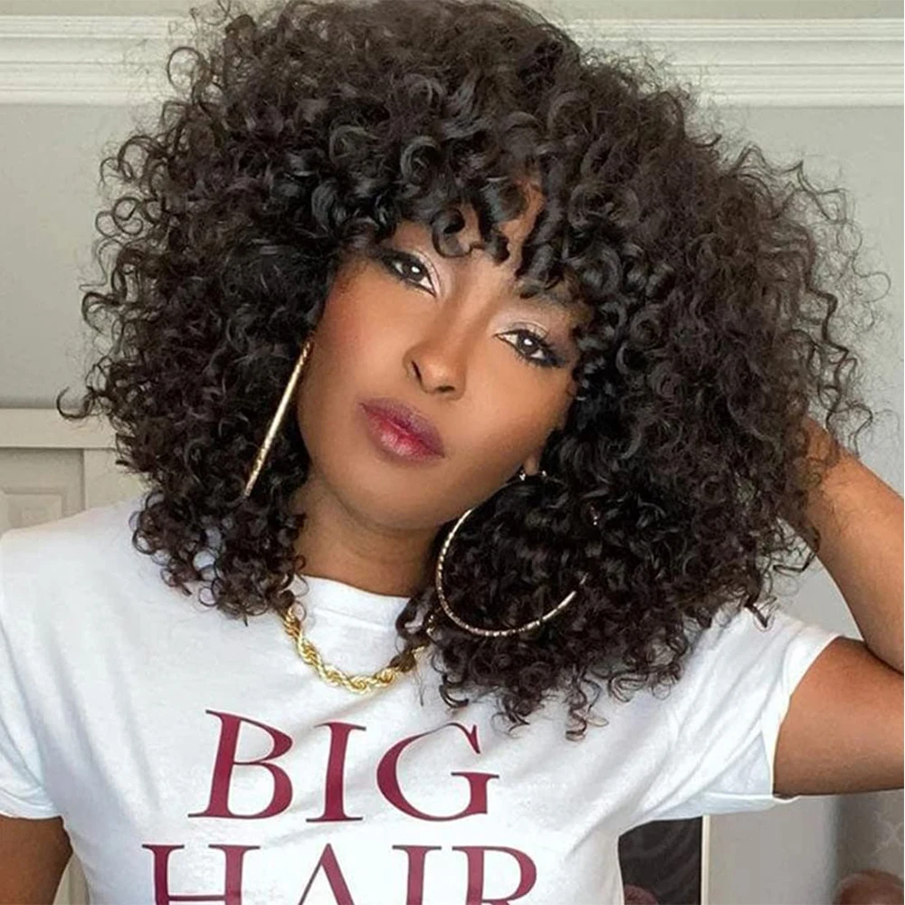 Curly Human Hair Wigs for Women Human Hair Bob Wig Jerry Curly Wig with Bangs Nature Afro Curl Full Machine Made Pixie Cut Wig