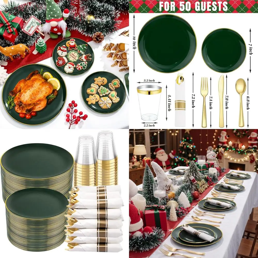 

Набор из 350 сверхпрочных зеленых рождественских тарелок с золотыми и серебряными столовыми приборами и чашками для 50 гостей.