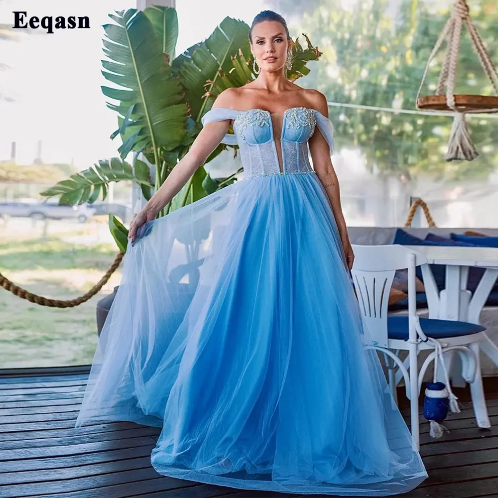 

Eeqasn Elegant Blue Tulle Lace Evening Dresses Beaded Fitted Bones Off The Shoulder Formal Party Dress Prom Gowns For Women 2023