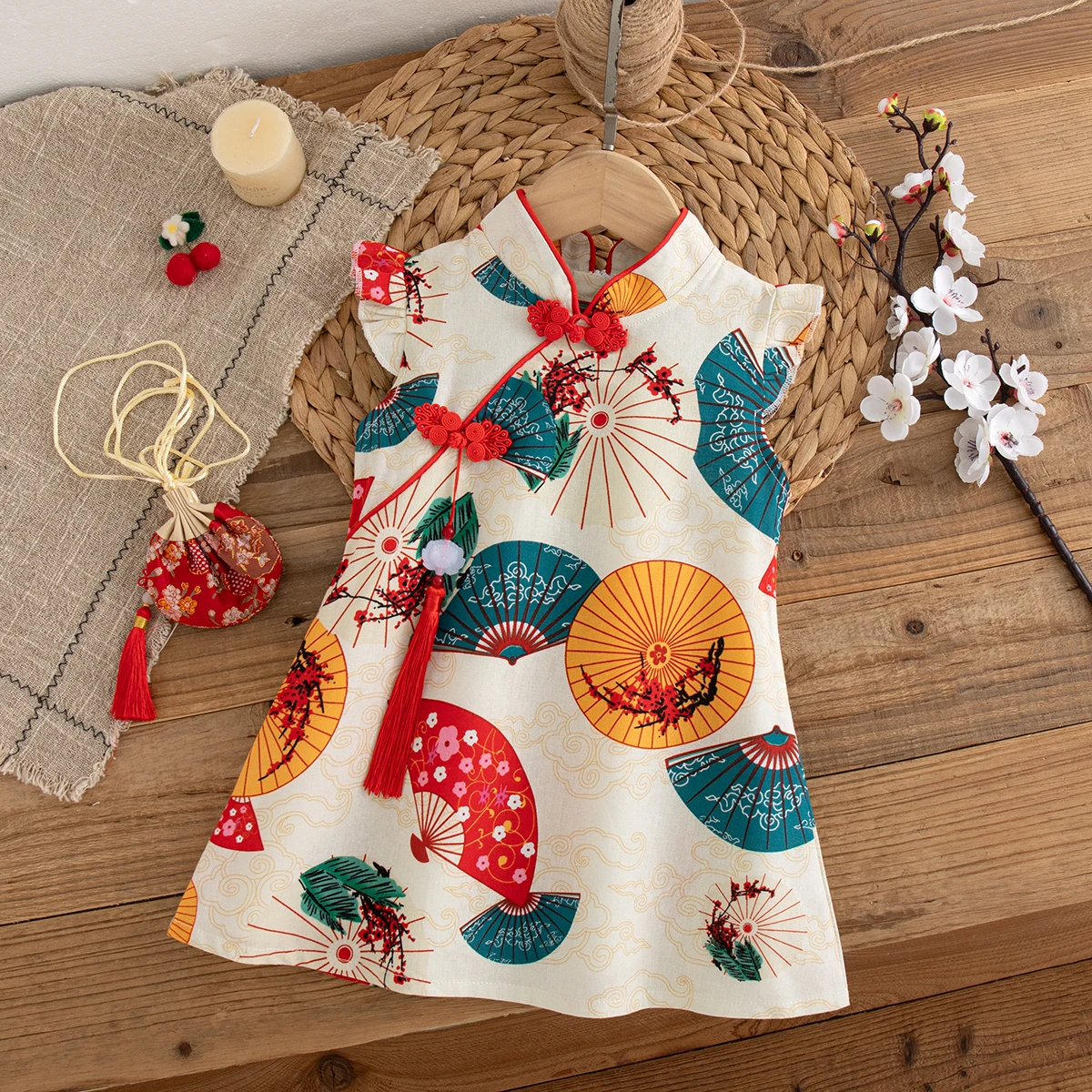 Summer New Baby Girl New Year Dress Retro Printed Children'S Clothing+Tassel (6 Months -3 Years Old)