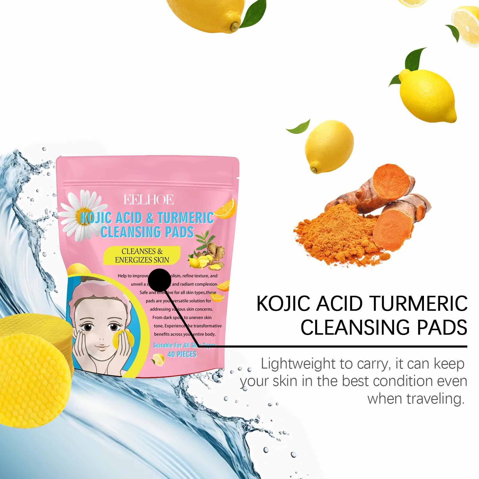 40pcs Turmeric Kojic Acid Cleansing Pad Gentle Cleansing Exfoliating Pads Fades Dark Spots Brightens Daily Cleansing Skin Care image 4
