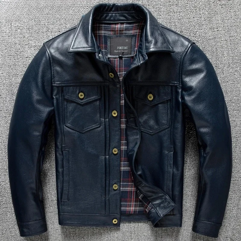 2025 Men's Leather Denim Jacket Fashion Slim Calfskin Cropped Plus Size Leather Jacket Blue