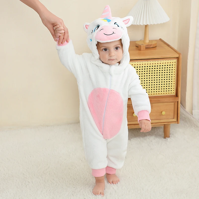 MICHLEY Halloween Unicorn Baby Rompers Winter Costume Flannel for Girl Boy Toddler Infant Clothes Kids Overall Animals Ropa Bebe