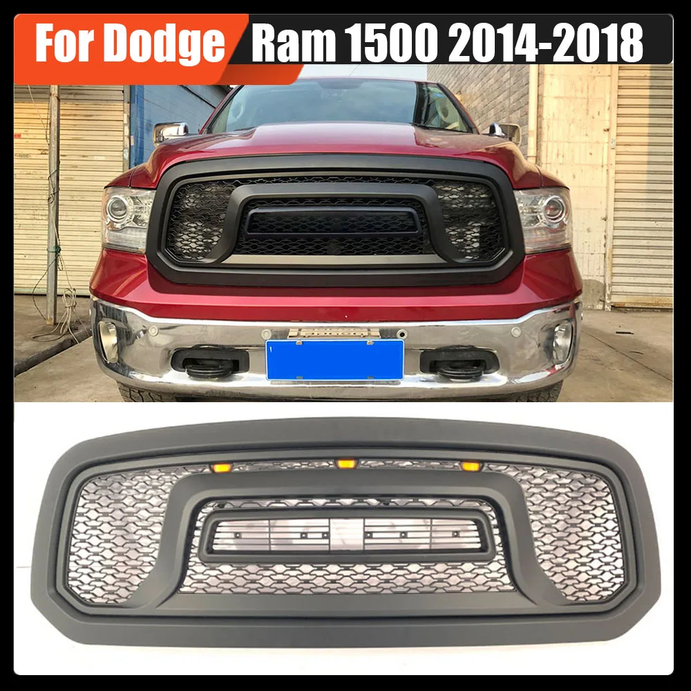 

Pickup Truck Bumper Grill Hood Upper Grille Shell Matte Black ABS With LED Light Racing Mesh Grille For Dodge Ram 1500 2014-2018