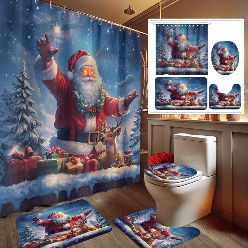 

4 шт., набор занавесок для душа с принтом «Рождественская ночь», включает занавеску для душа, нескользящий коврик, крышку крышки унитаза, коврик для ванной и
