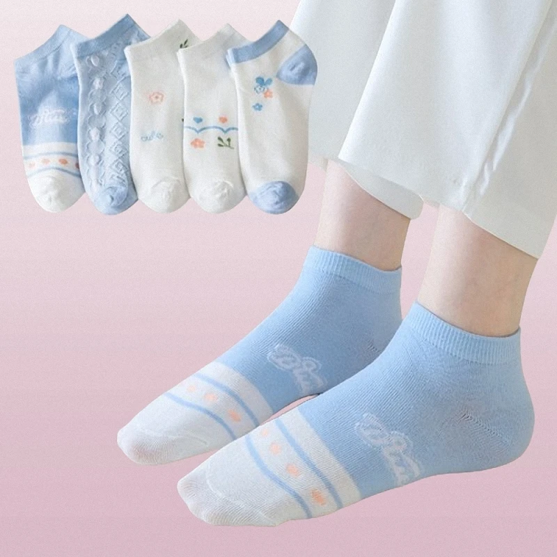 

5/10 Pairs Fresh Small Flower Girls Ladies Shallow Mouth Low Cut Invisible Short Socks Comfortable Breathable Boat Socks