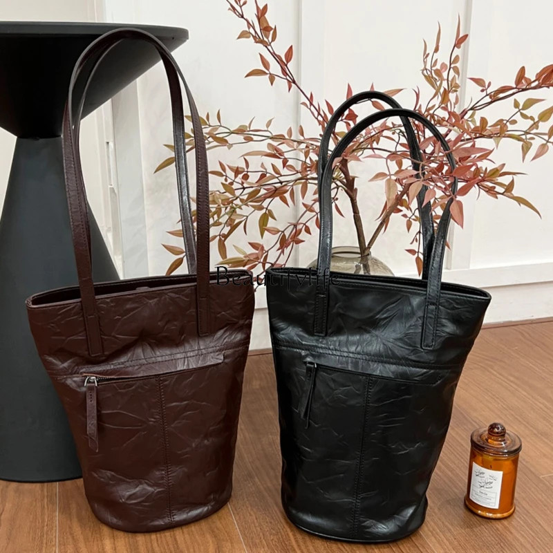 First Layer Cowhide Lazy Bucket Bag, Commuter Retro Hand Grip Pattern, Shoulder Bag