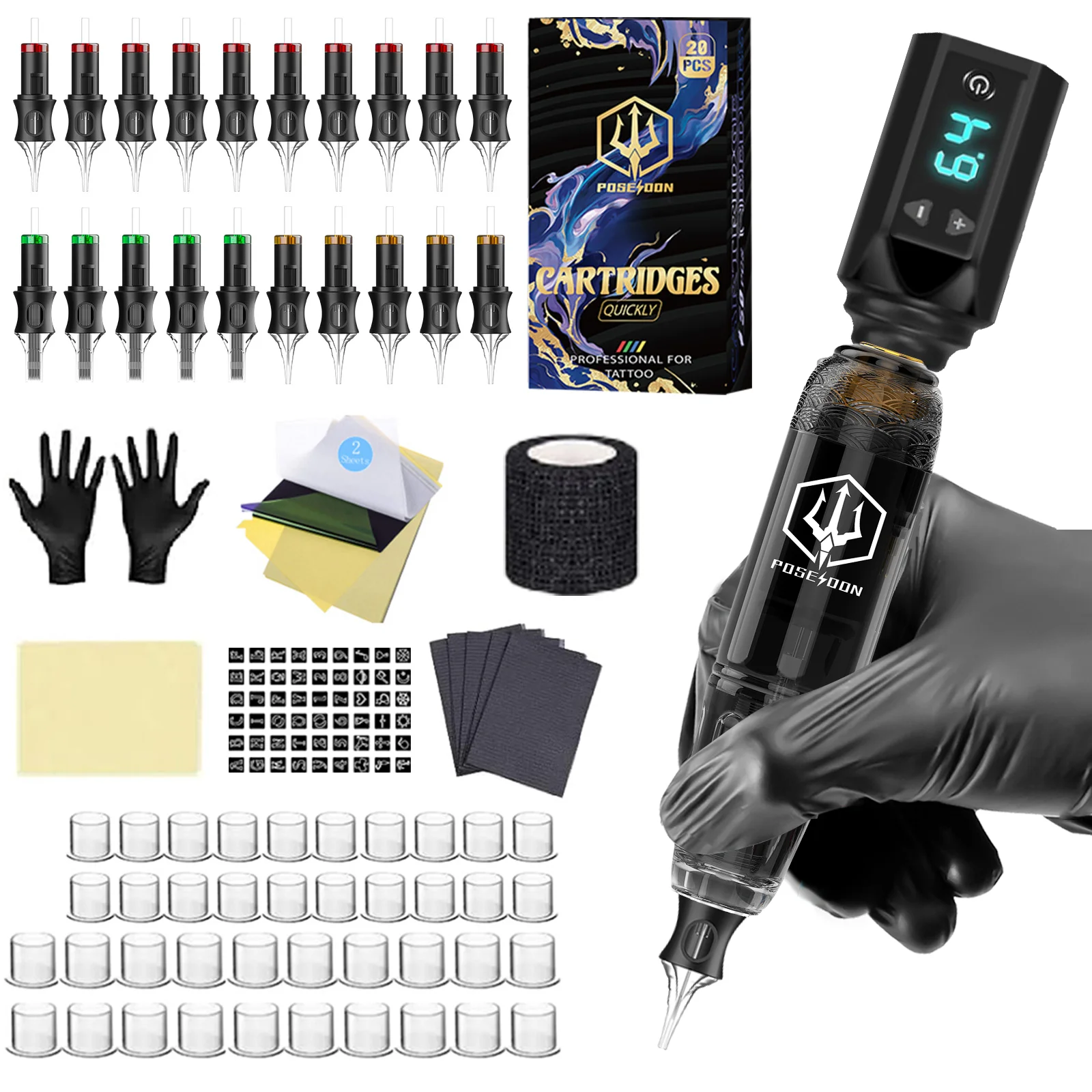 Tattoo Kit POSEIDON V5 Lightweight Tattoo Pen Kit For Permanent Makeup Tattoo Machine Kit Wireless Black Tattoo Gun Tattoo Kit