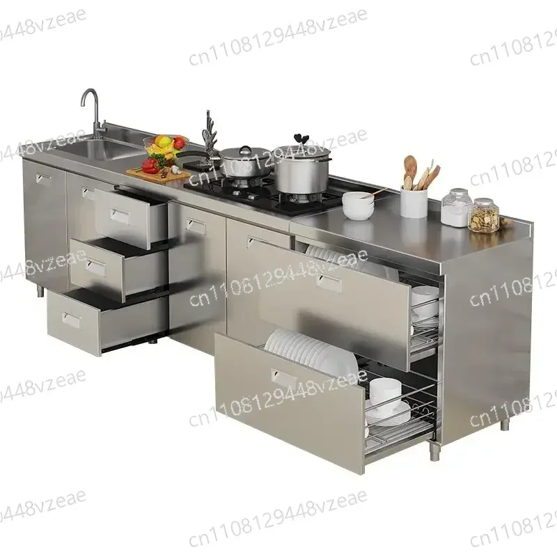 Cupboard Household Small Apartment Cabinet 304 Overall All Stainless Steel Kitchen Cabinet Simple Stove Integrated Storage