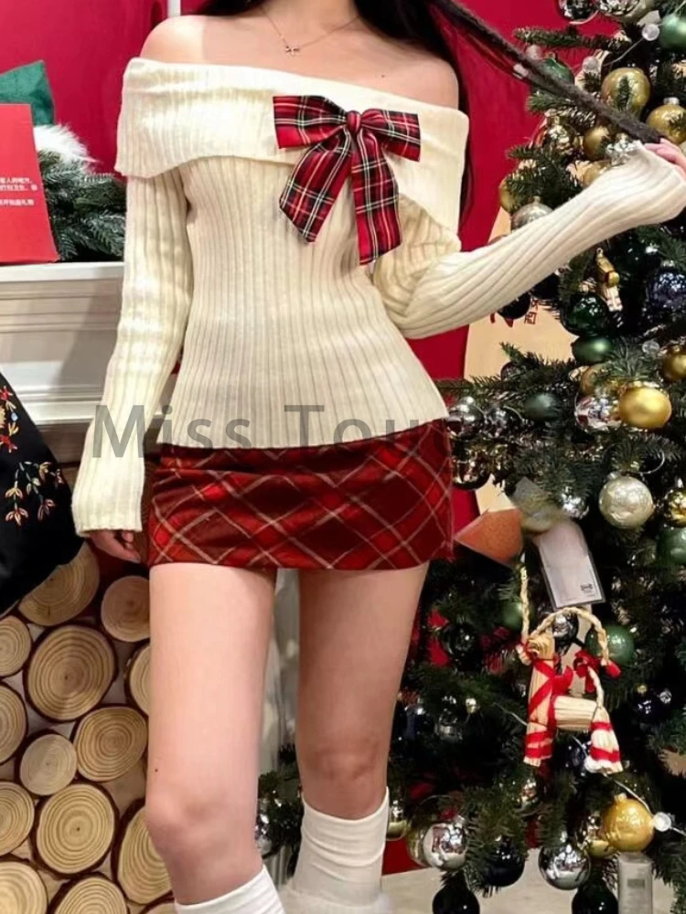 Autumn Sweet Knitted New Two Piece Sets Women Cute Bow Sweater Tops + Retro Plaid Mini Skirt Pretty Harajuku Y2k Kawaii Set 2024