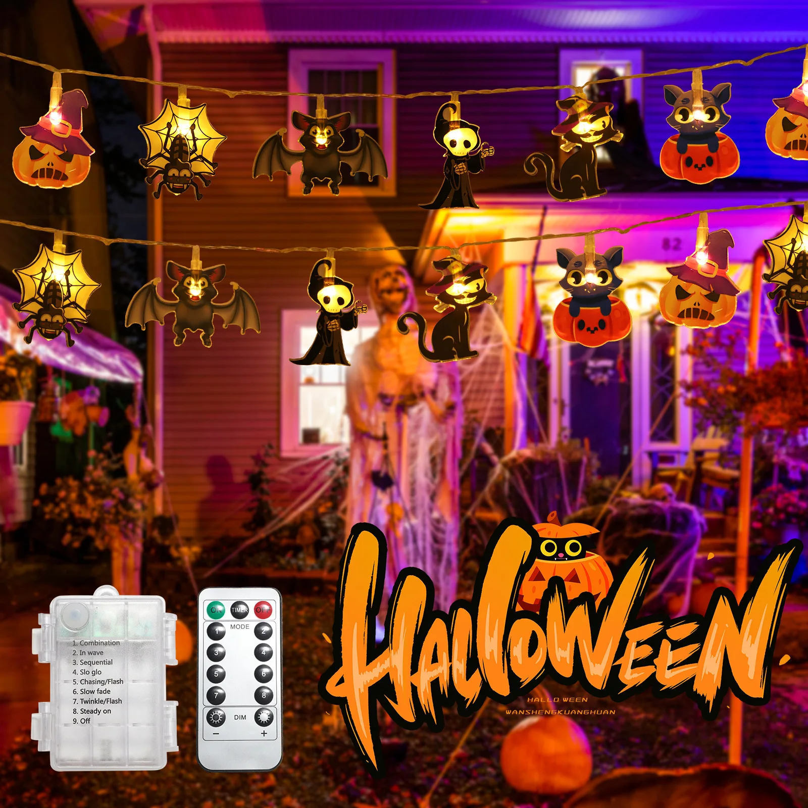 هالوين أدى سلسلة ضوء جو الديكور اليقطين الجمجمة الخفافيش العنكبوت الدعائم سلاسل الضوء للحزب #5