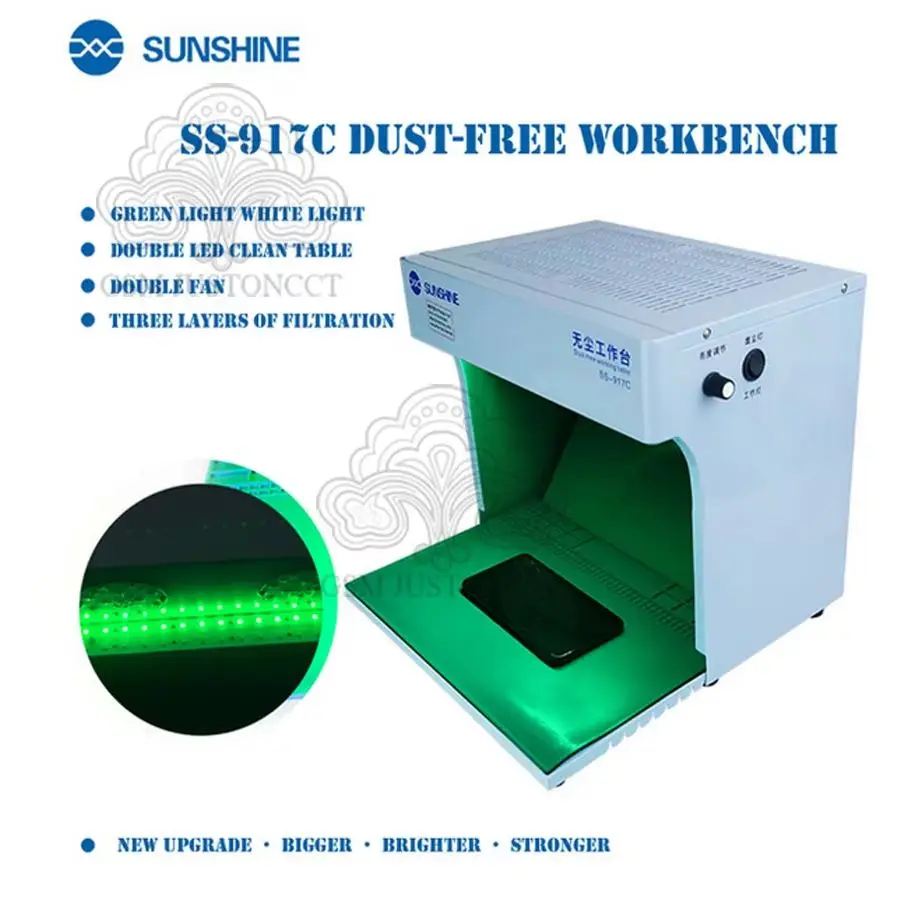 

Sunshine SS-917C пылезащитная рабочая скамейка с защитой от пыли, регулируемая комната для чистки ветра для телефона, ipad, ремонт, верстак