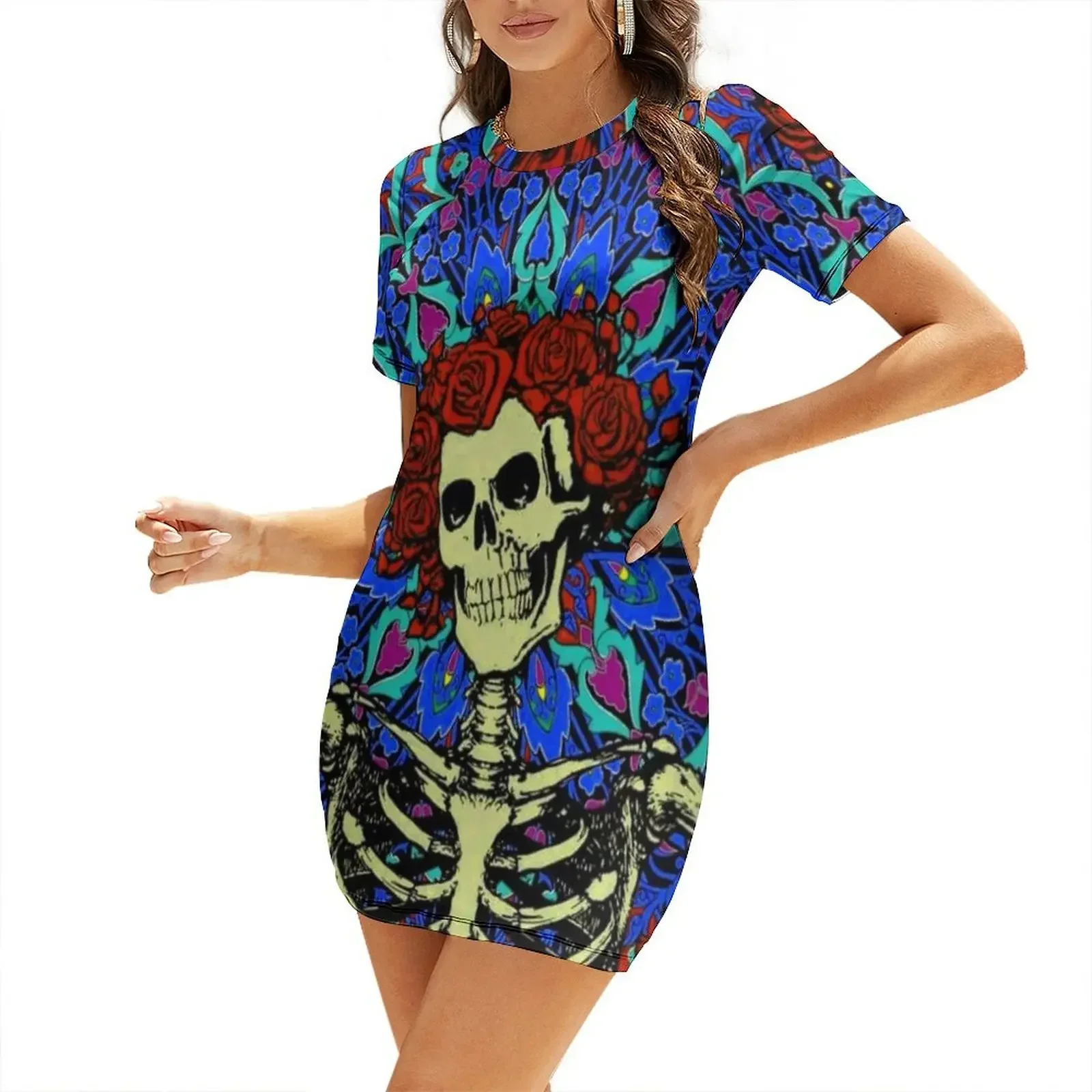 

Psychedelic Grateful day of the dead roses skeleton Short-Sleeved Dress elegant party dresses for women 2026 women evening dress