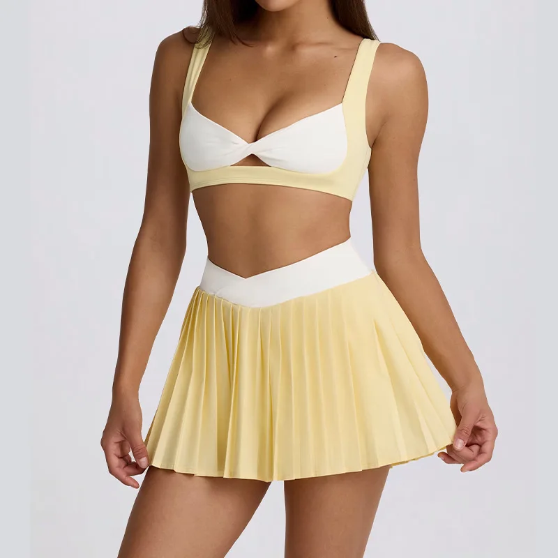 Women's breathable false two pieces, quick-drying, anti-slip, transparent-proof running sports high-waist fitness tennis set
