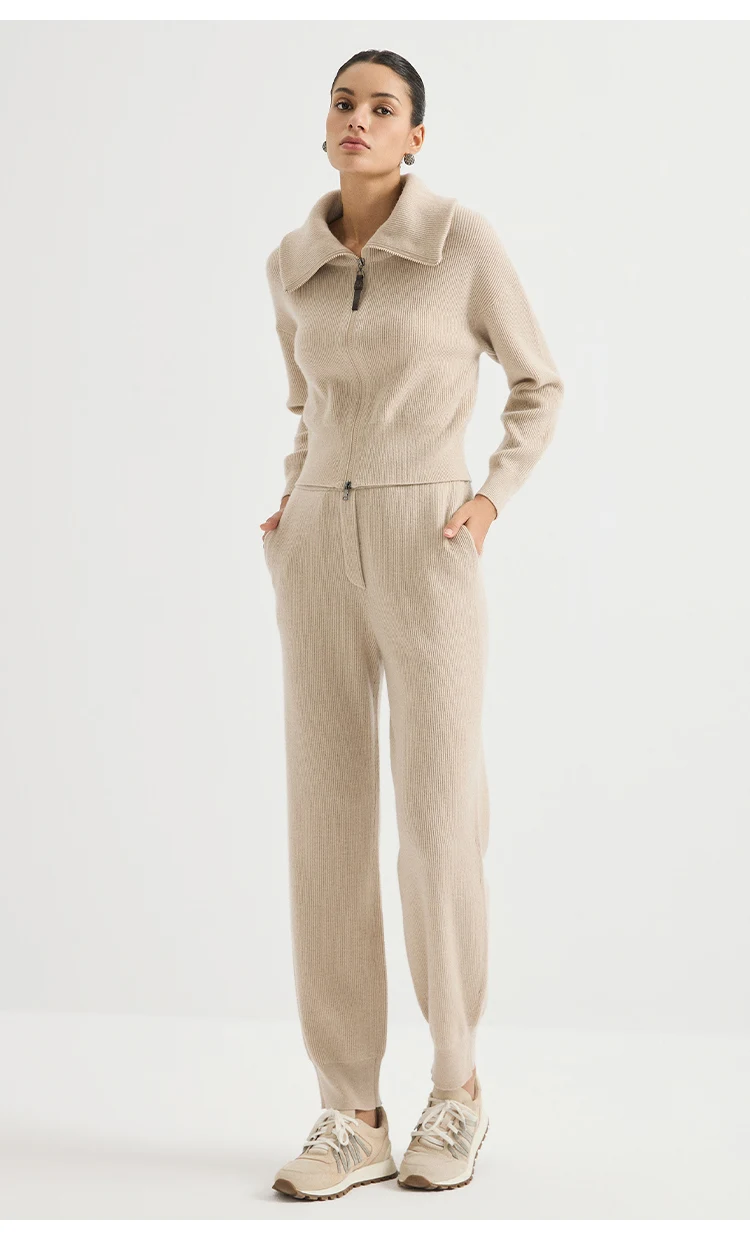 BY4621737 Damen Oversized Revers-Woll-Kaschmir-Mischung Englischer Rippstrick Reißverschluss-Cardigan mit Lederzuglasche Dezente Bürokleidung Herbst – Detail 8
