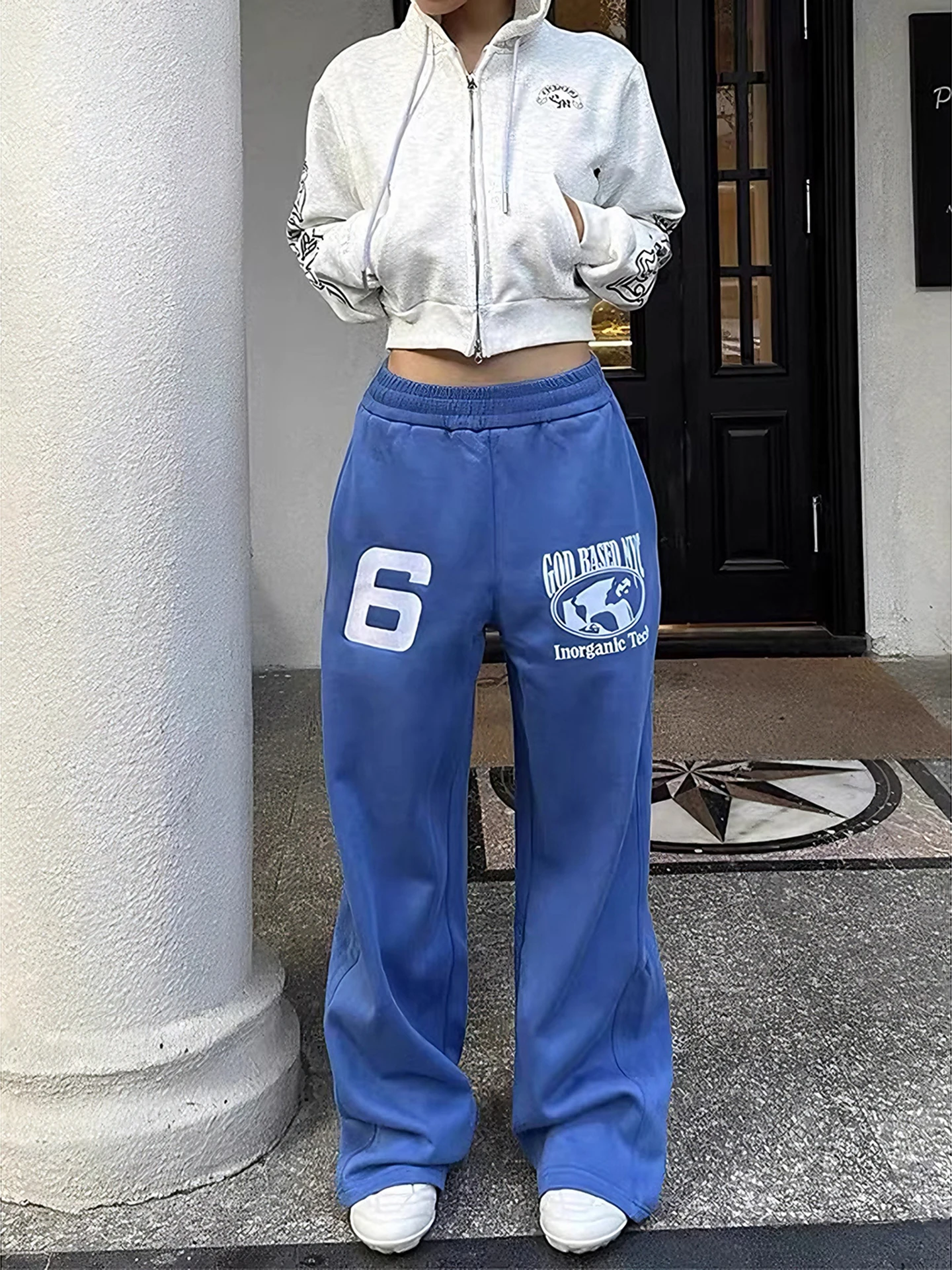 

Blue Letter Print Curved Knife Sweatpants Men's Autumn Winter American Street Dance Sports Casual Straight Leg Pants