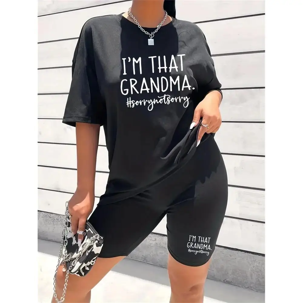 

I'M THATGRANDMA letter print two-piece pants set, casual short sleeve t-shirt and skinny shorts set, fashion Women's sportswear