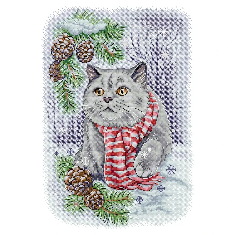 Joy Sunday Cross Stitch Kit Snow Blue Cat 11CT 14CT Printed Cross Stitch Embroidery Kit Set Animal Crosstitch Kit Needlework