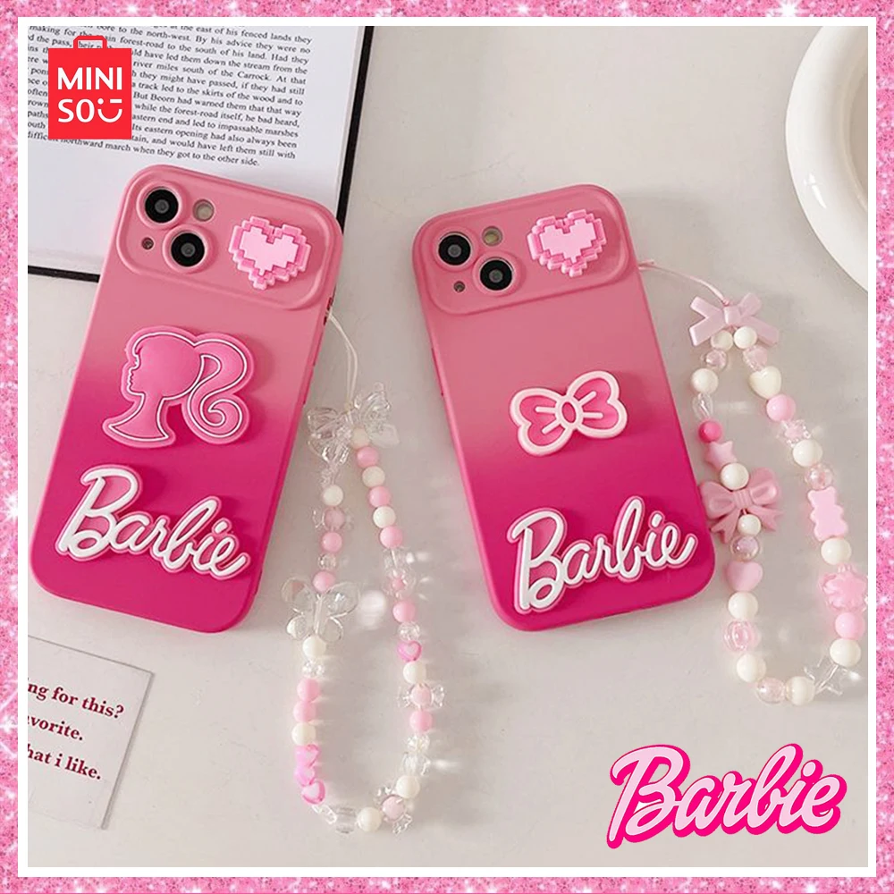 2024 New Miniso Barbie Rose Red English Bow Crystal Pendant Iphone 15Promax/14/11/12/13 Soft Case Valentine's Day Birthday Gift