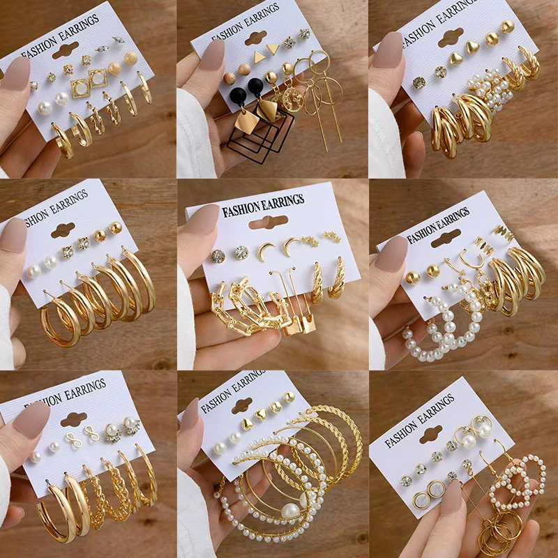 Women Earrings C Shaped Geometric Fake-pearl Metal Earrings Atmospheric Queuing Alloy Of Gold-color