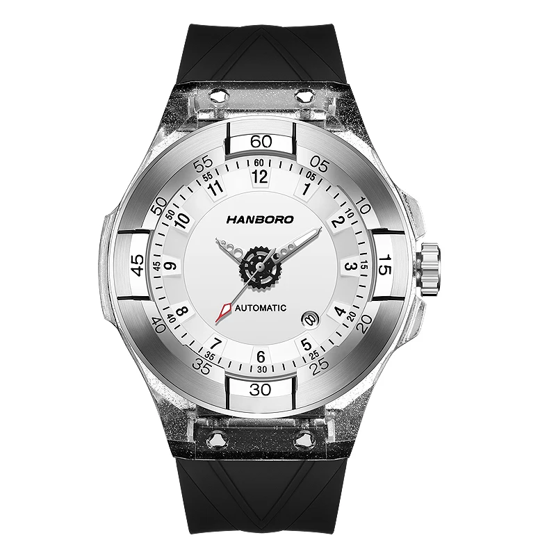 HANBORO Men Automatic Watch 42mm Mechanical Wristwatch Acrylic Transparent Case 50M Waterproof Luminous