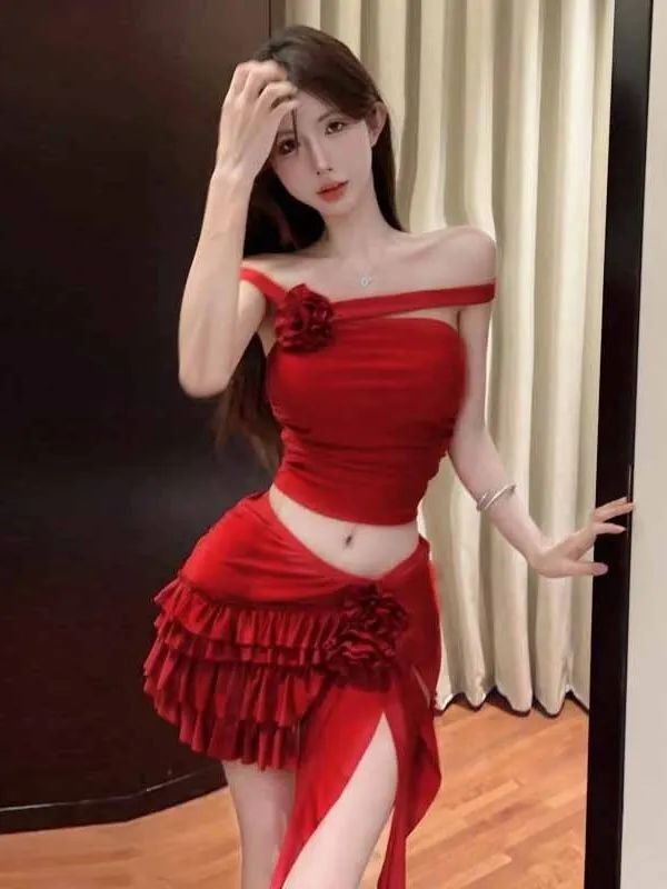 

2025 Summer Spicy Girl Irregular Wine Red Set Slanted Collar Backless Slim Short Top+low Waist Ruffled Skirt Two Piece Set