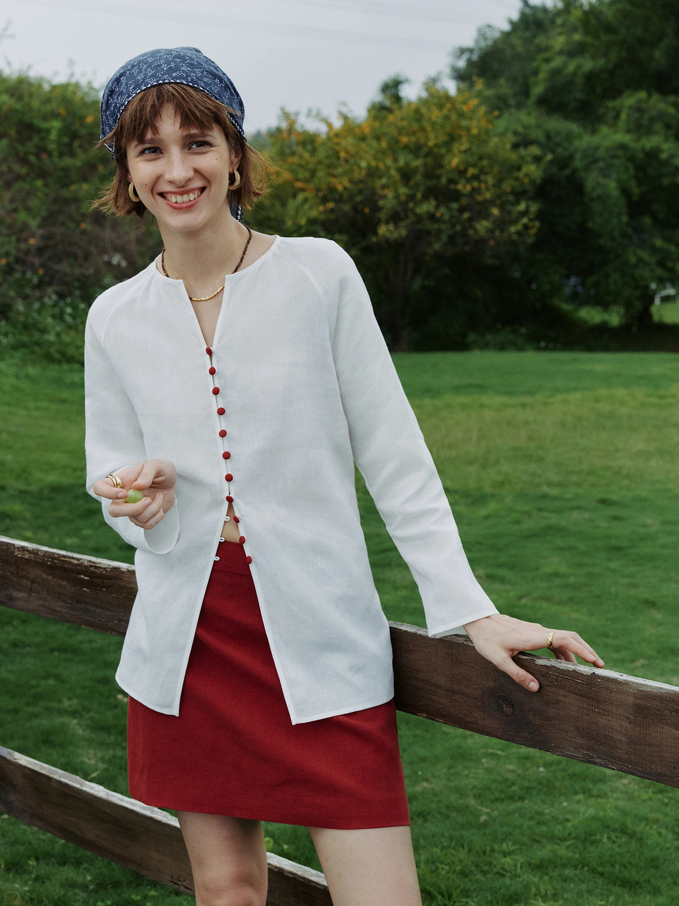 

Linen Set Color Block Button round V Neck Shoulder Shirt Wrap Waist Skirt Women's Fashion Spring Collection High Waist