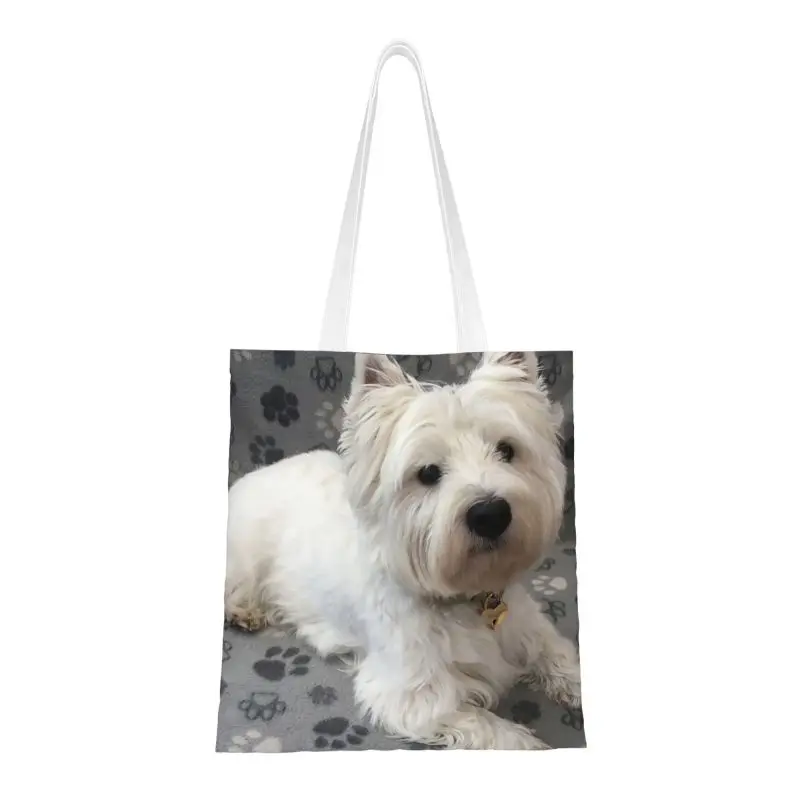 Westie Paw Print Pattern Shopping Bag Women Canvas Shoulder Tote Bag Washable West Highland White Terrier Groceries Shopper Bags