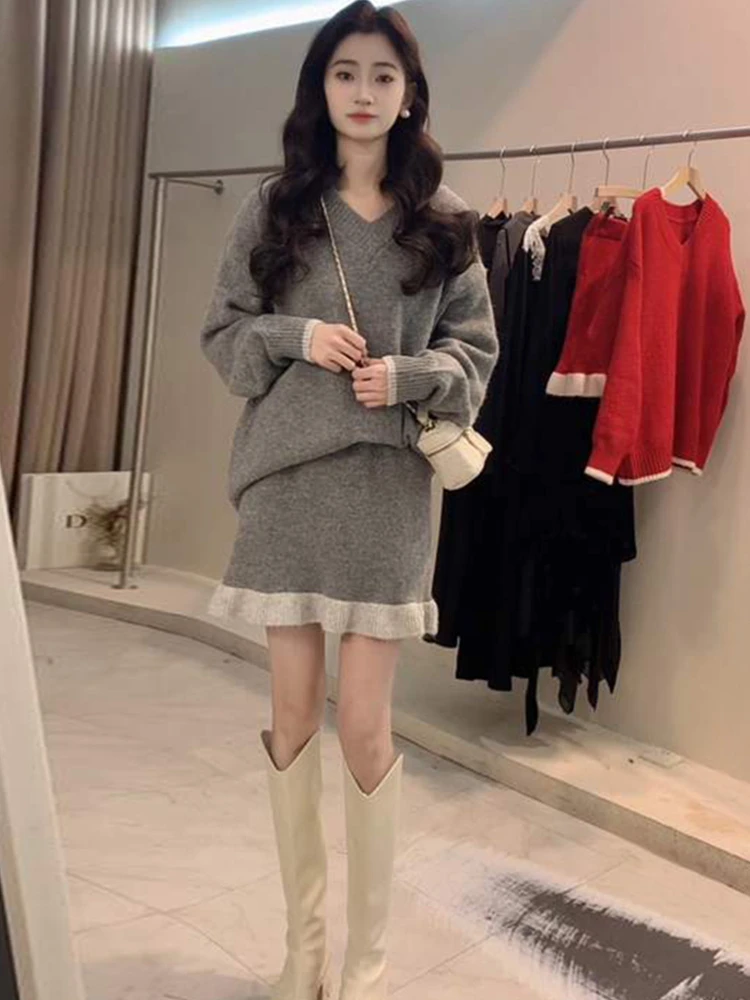 

Новый женский вязаный комплект с юбкой: свободный крой, осень-зима, высокая талия, А-силуэт, милый японский стиль, полиэстер.