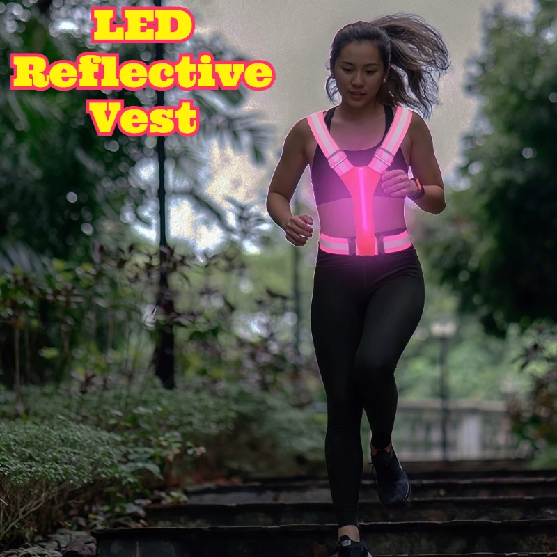 USB Rechargeable Reflective Vest LED Light Up Waistcoat Adjustable Straps Night Protective Clothing Set For Event Support