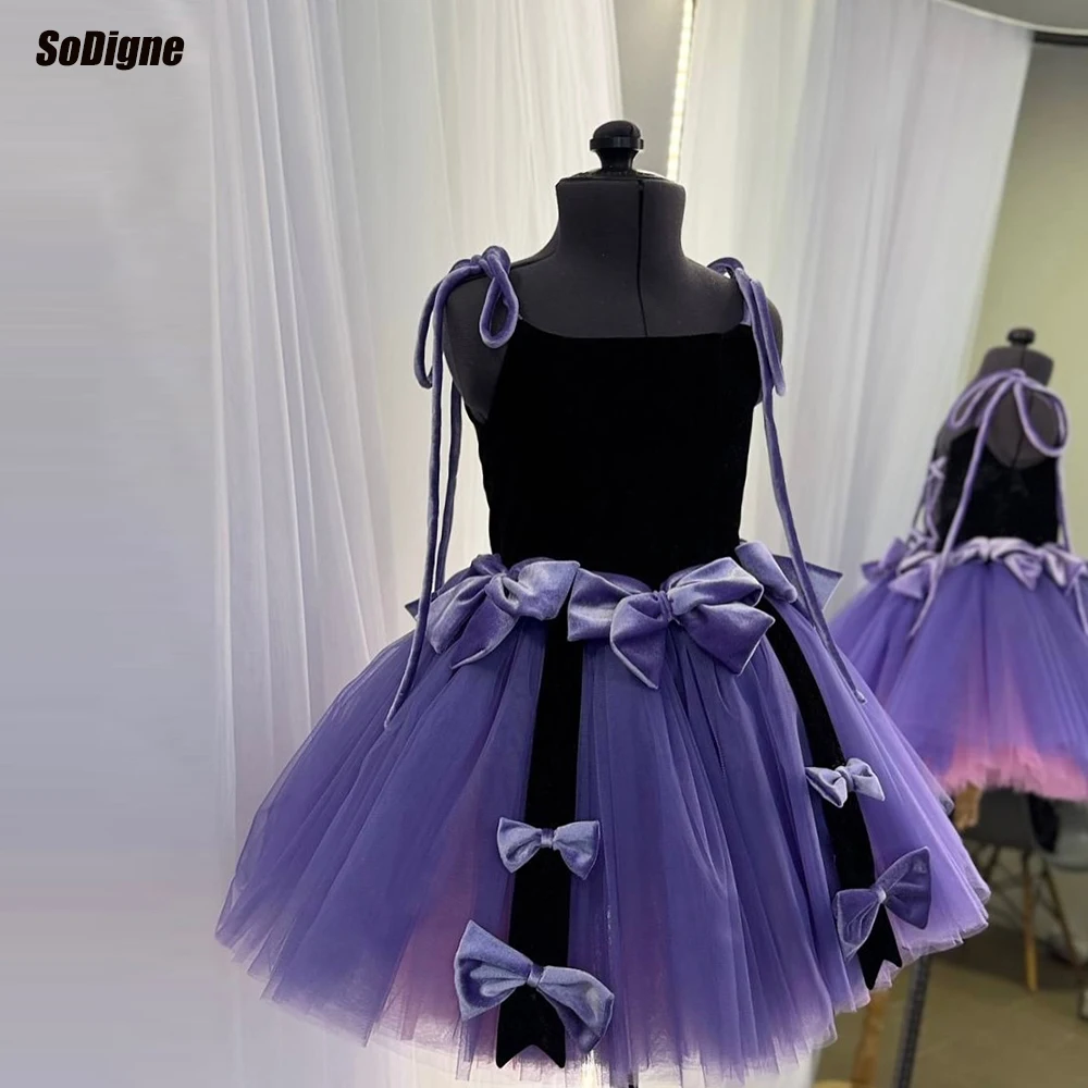 

Платье для девочек SoDigne А-силуэта из бархата/фатина с цветочным узором, без рукавов, с квадратным вырезом, короткое, 2026, для вечеринок, детское, на заказ